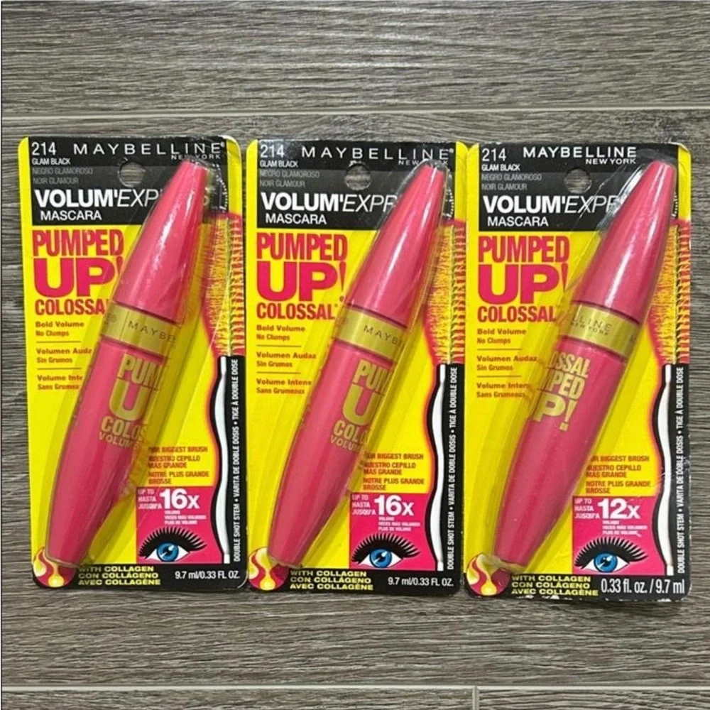 LOT OF  3 Maybelline Pumped Up Colossal Mascara #214 glam black
